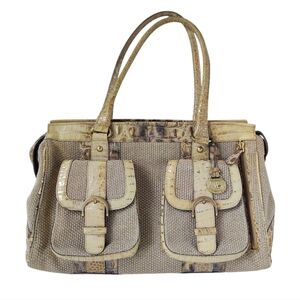 Vintage BRAHMIN Harbor Woven Croc Embossed Leather Bag Satchel Tote Beige Large